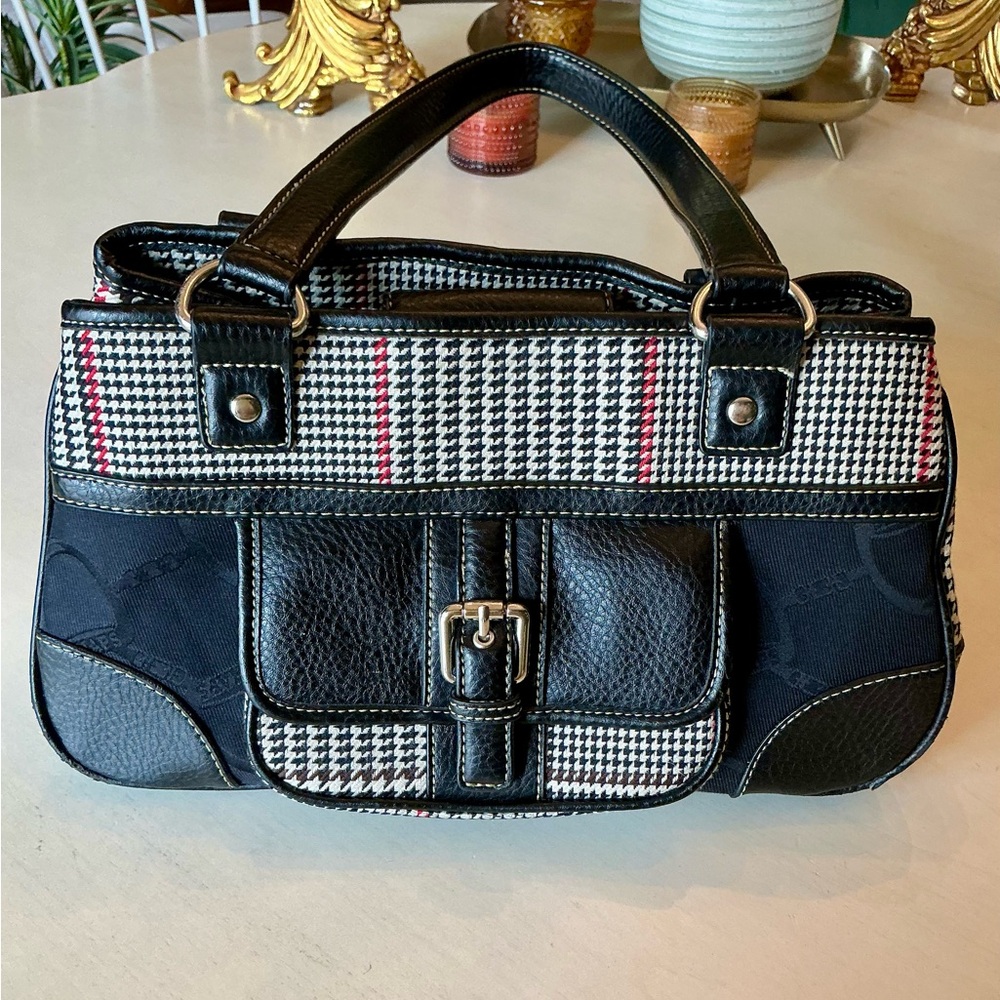 Equestrian Houndstooth Satchel Horsebit Print Black Faux Leather Chaps Handbag